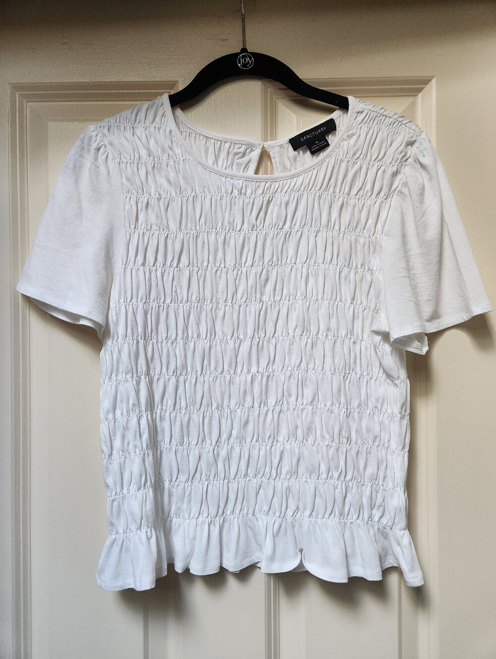 Sanctuary "Better Together" White Smocked Ruffle-Hem Short Sleeve Blouse
